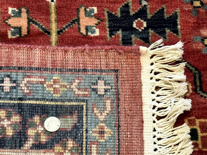 Indo Persian Heriz Serapi Rug 6x8 Handmade Wool Allover Pattern In Rust Red And Navy Blue