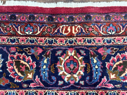 Antique Persian Mashad Rug 10x13, Red and Navy Blue, Great Colors, Signed By Masterweaver, Floral Medallion, Handmade Wool Persian Carpet