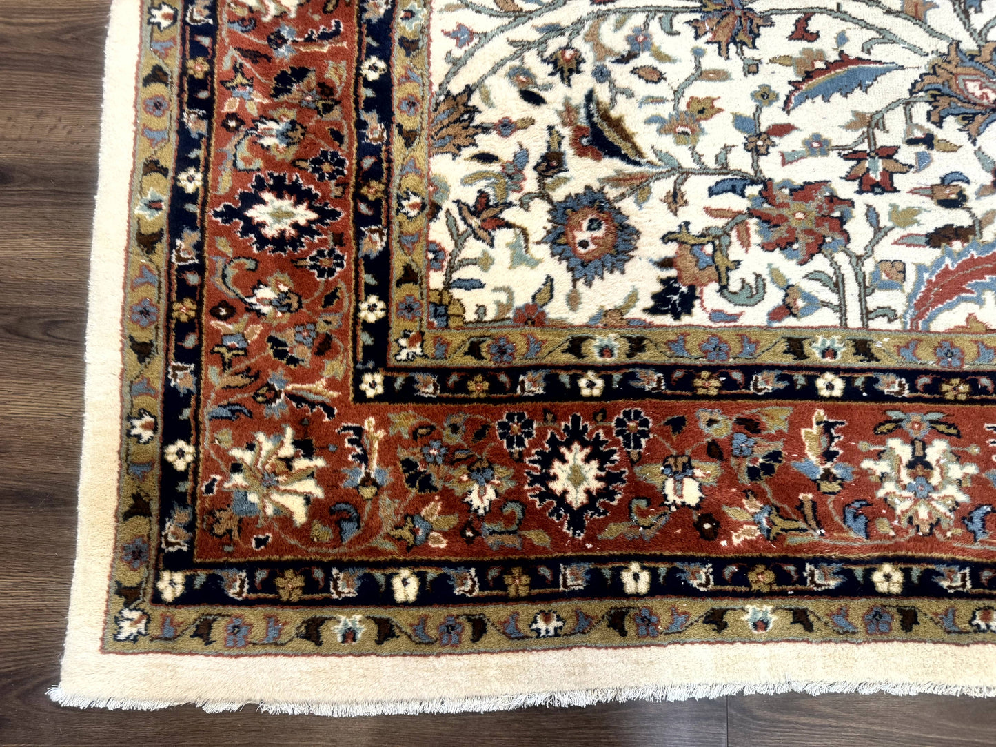 Indo Persian Rug 9x12, Ivory and Red, Traditional Wool Oriental Carpet