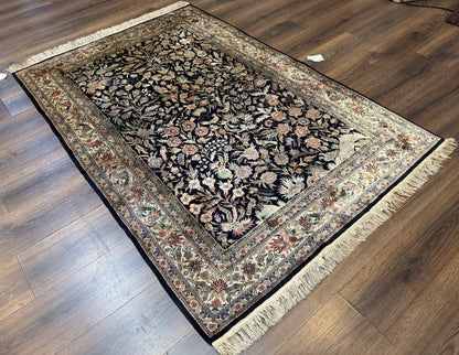 Silk Rug 4x6 Vintage Hand Knotted Tree of Life Black Cream Floral Bird Pictorial Sino Persian