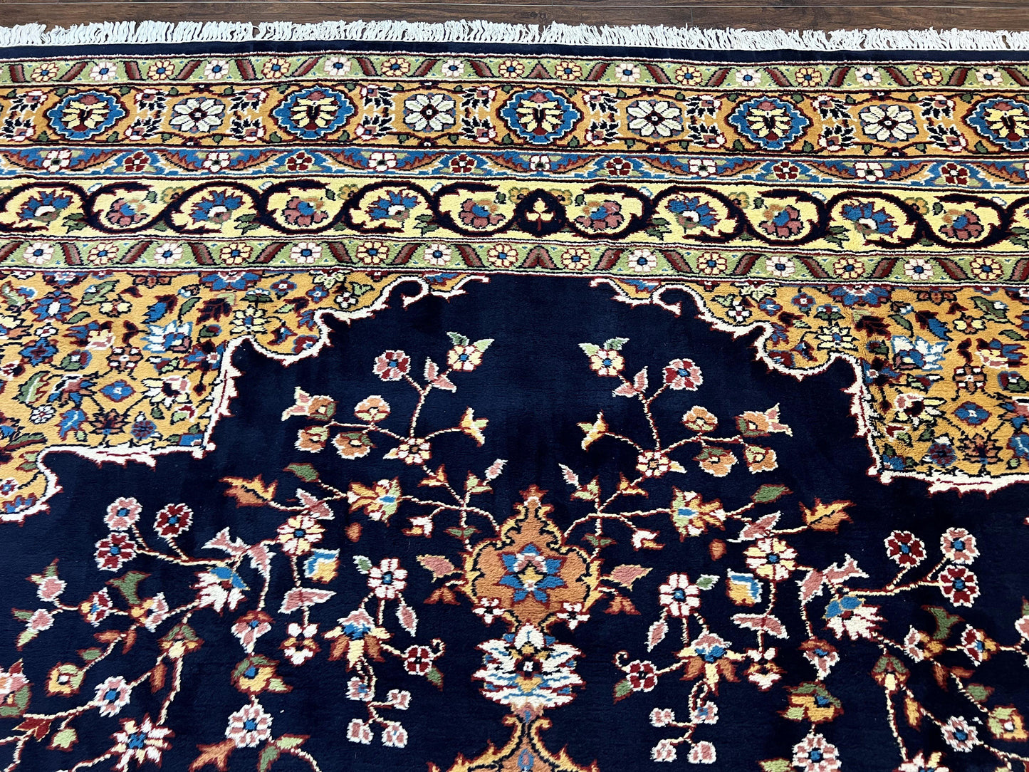 Indo Persian Rug 12x15, Mahal Sarouk Rug 12 x 15, Wool Hand Knotted Vintage Carpet, Navy Blue, Oversized Rug, Center Medallion