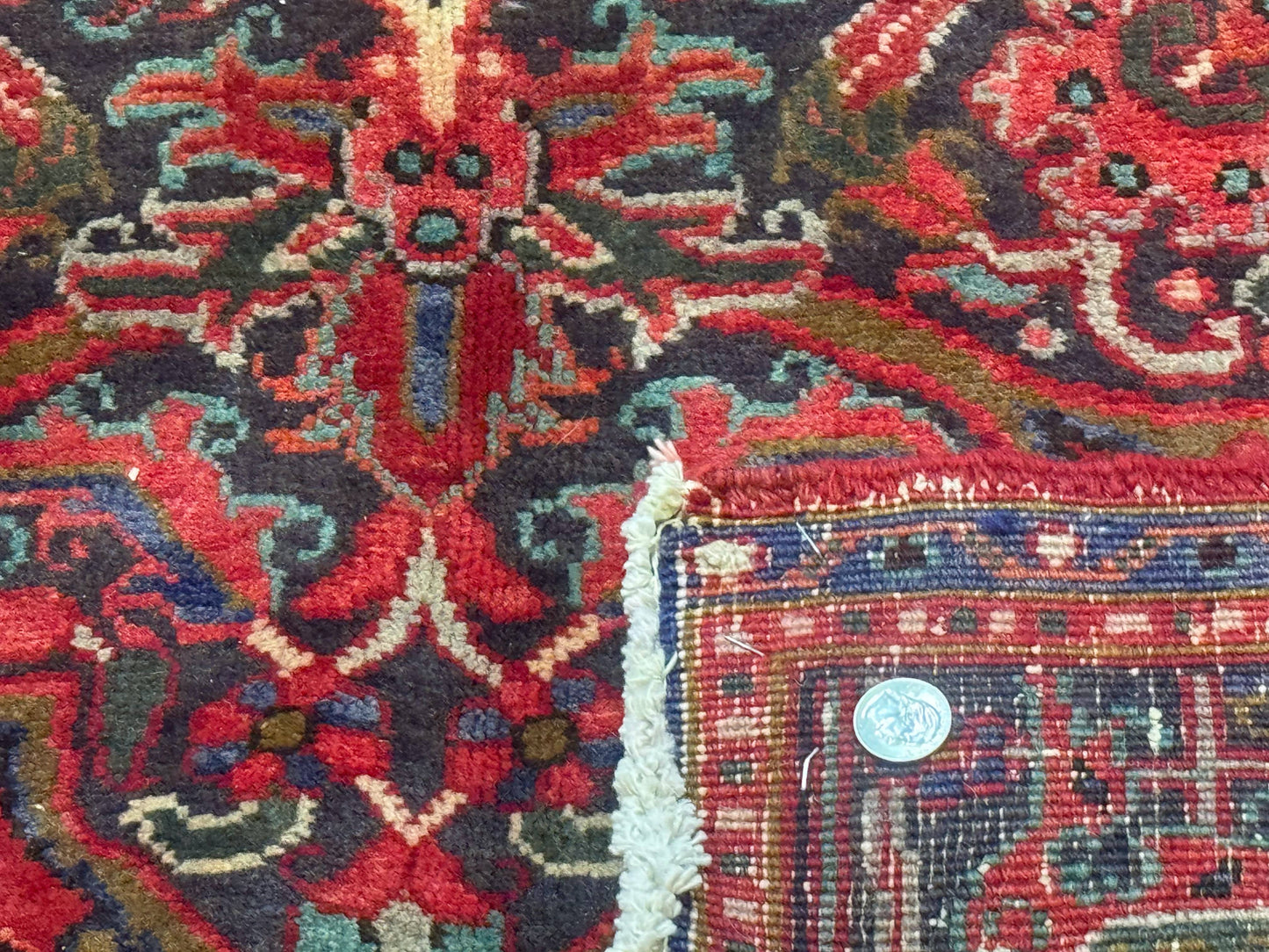 Persian Heriz Rug 7x10 Vintage Wool Carpet Red Navy Geometric Medallion