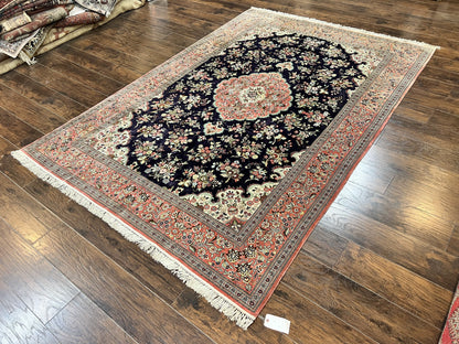 Silk Persian Qum Rug 7x9 Hand Knotted Navy Blue Salmon Floral Medallion Authentic Oriental Carpet