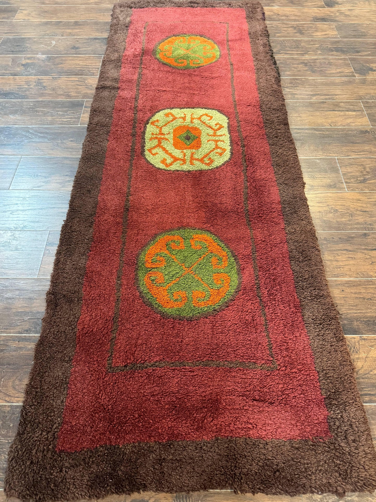 German Hooked Runner Rug 3x8, Vintage, Red, Wool
