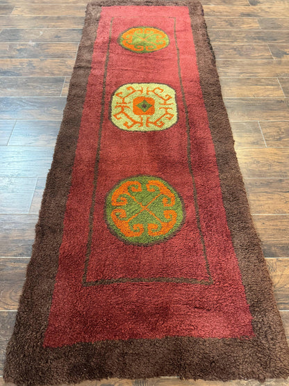 German Hooked Runner Rug 3x8, Vintage, Red, Wool