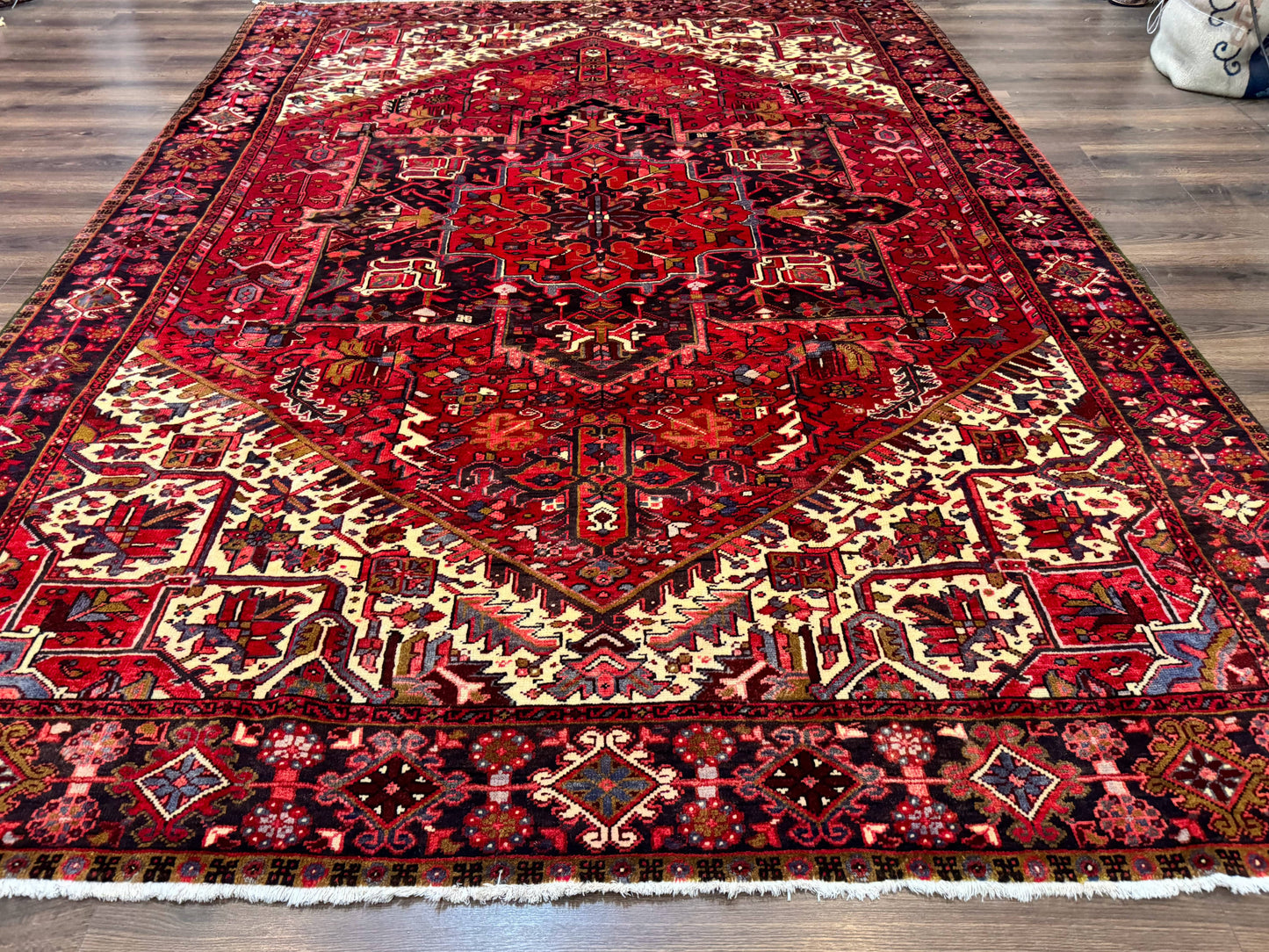 Persian Heriz Rug 8x11, Geometric Design, Red & Cream
