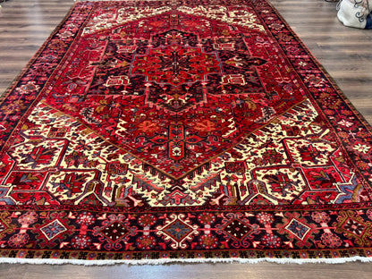 Persian Heriz Rug 8x11, Geometric Design, Red & Cream