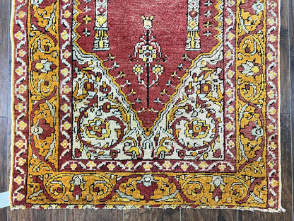 Antique Turkish Prayer Rug 3x5 Hand Knotted Oushak Wool Mehrab Vintage Carpet