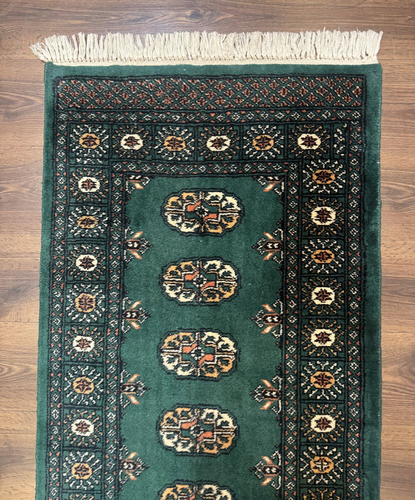 Pakistani Bokhara Runner Rug 2.5 x 11, Green Turkoman Wool Runner for Hallway