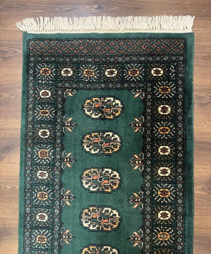 Pakistani Bokhara Runner Rug 2.5 x 11, Green Turkoman Wool Runner for Hallway