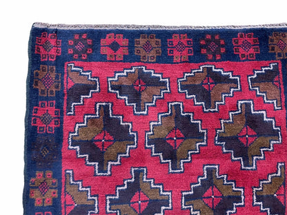 Balouchi Rug Vintage Handmade Afghan Wool Rug 3 By 4 Ft 7 In Red Brown Tribal Design
