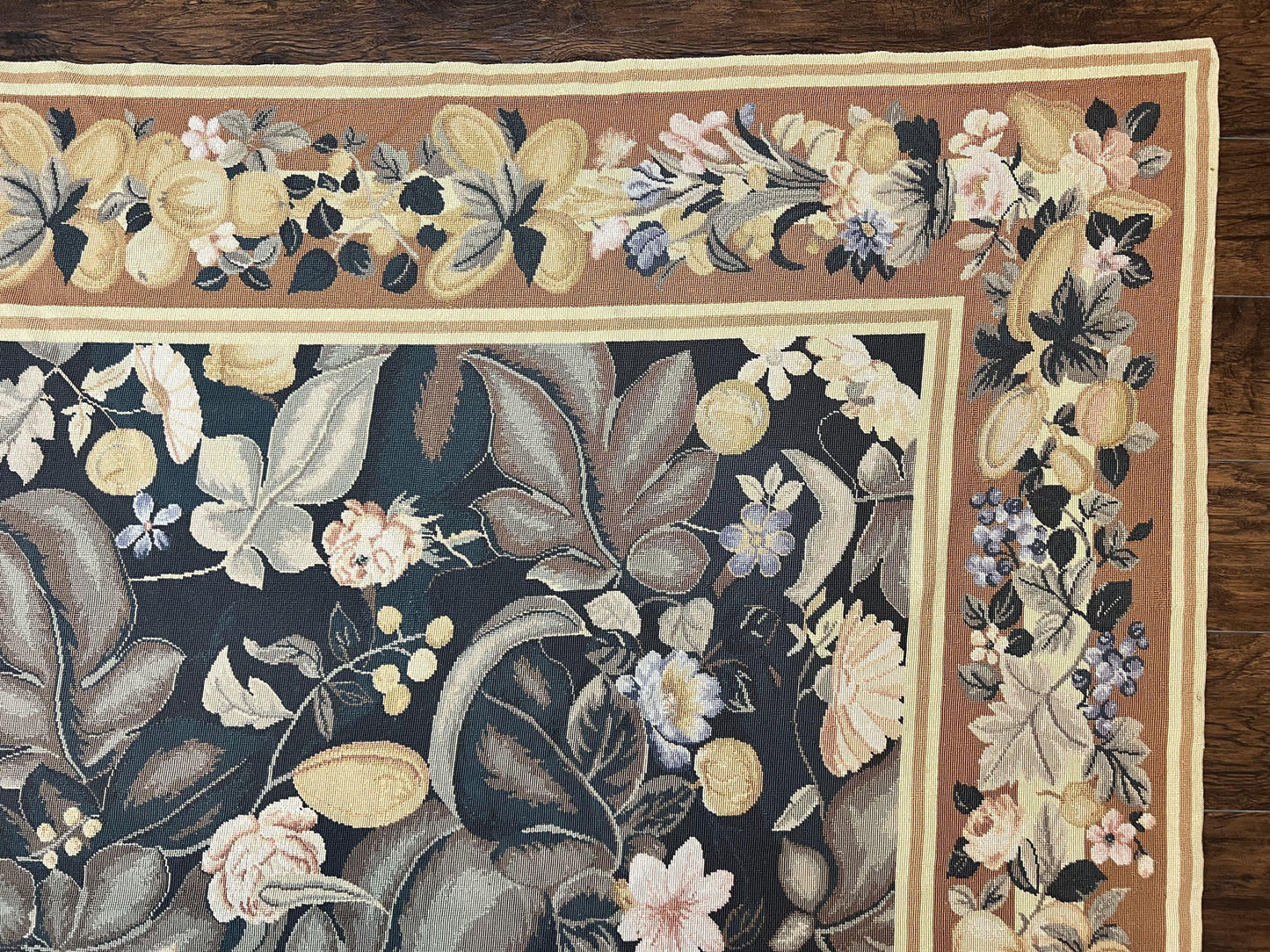 Large Needlepoint Rug 9x13, Handmade Wool Flatweave Vintage Rug, Leaves, Green