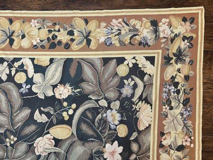 Large Needlepoint Rug 9x13, Handmade Wool Flatweave Vintage Rug, Leaves, Green