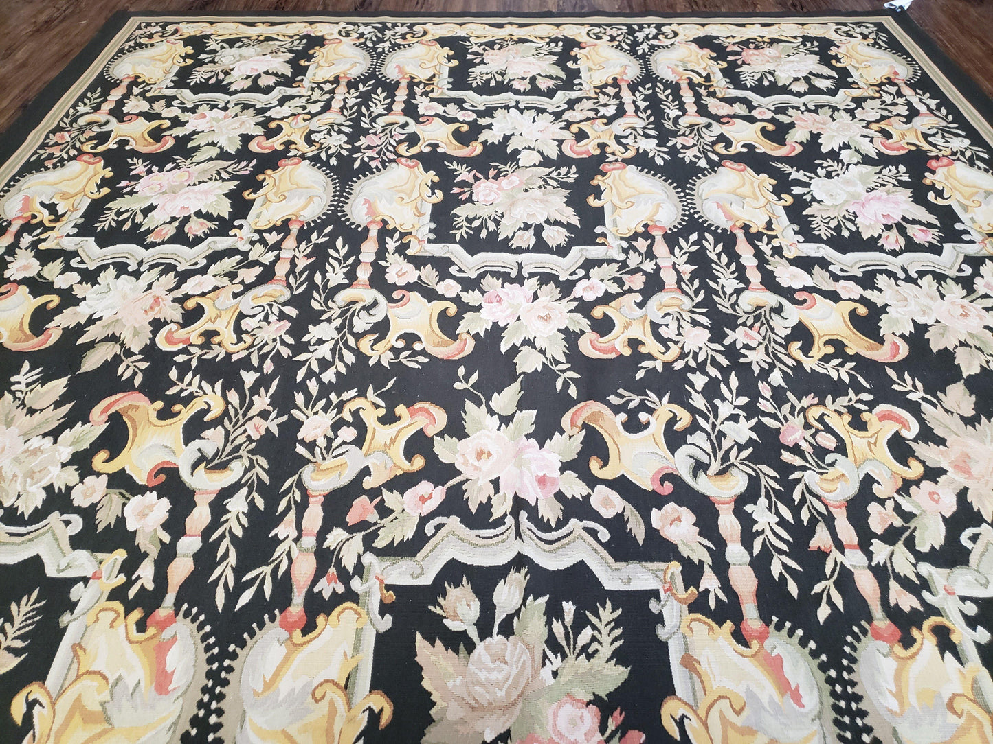 Vintage Black Aubusson Area Rug 8x10, Large Flowers Chinese Aubusson Carpet 7.9 x 10, Wool Hand-Knotted Floral Pattern Flat Weave Rug Nice