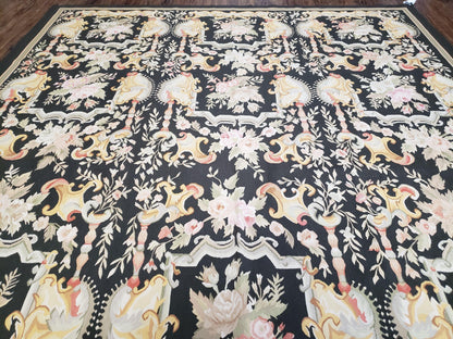 Vintage Black Aubusson Area Rug 8x10, Large Flowers Chinese Aubusson Carpet 7.9 x 10, Wool Hand-Knotted Floral Pattern Flat Weave Rug Nice