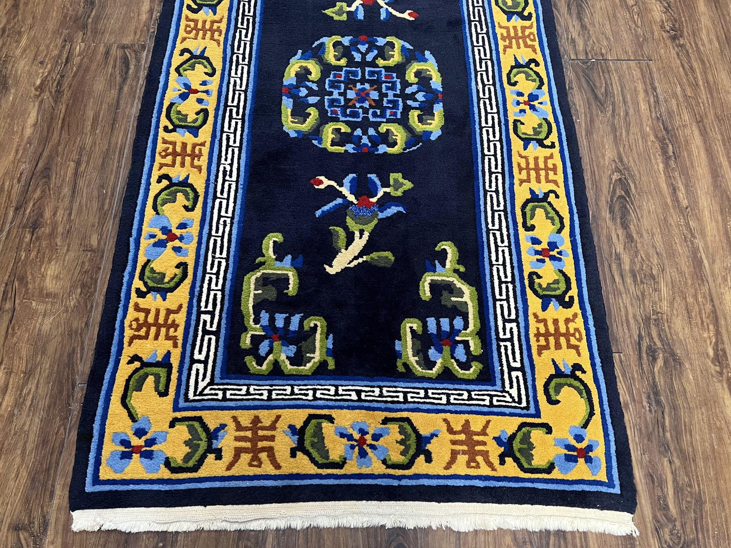 Chinese Art Deco Rug Hand Knotted Vintage Wool Carpet 3x6 Dark Blue Gold Medallion