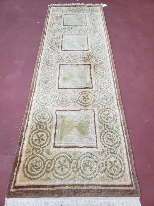 Vintage Tibetan Runner Rug 2.6 x 7.9 ft, Wool Hand-Knotted Nepali Carpet, Cream & Brown Tibetan Hallway Rug, Corridor Rug 2.5x7 - 3x8, Soft