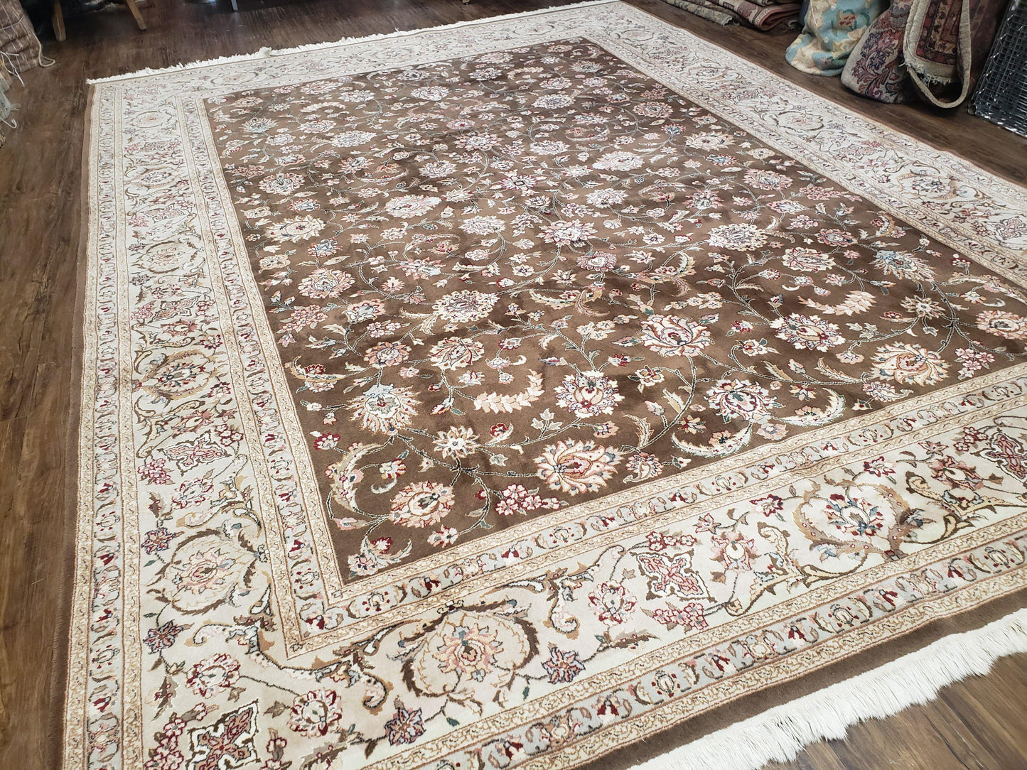 Pak-Persian Vintage Wool Rug 9x12 Hand-Knotted Spice Brown Ivory Traditional Oriental Carpet
