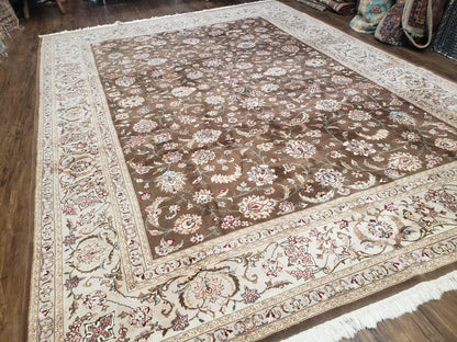 Pak-Persian Vintage Wool Rug 9x12 Hand-Knotted Spice Brown Ivory Traditional Oriental Carpet