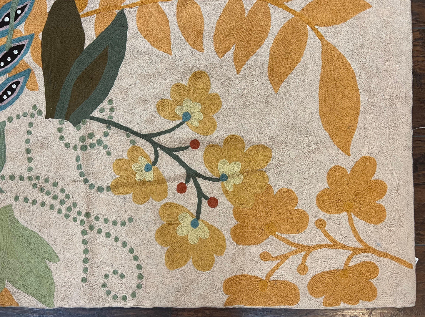 Indian Chain Stitched Rug 4x6, Hand Stitched Indian Embroidery Carpet, Large Floral Design, Contemporary, Cream and Colorful Flowers, Wool