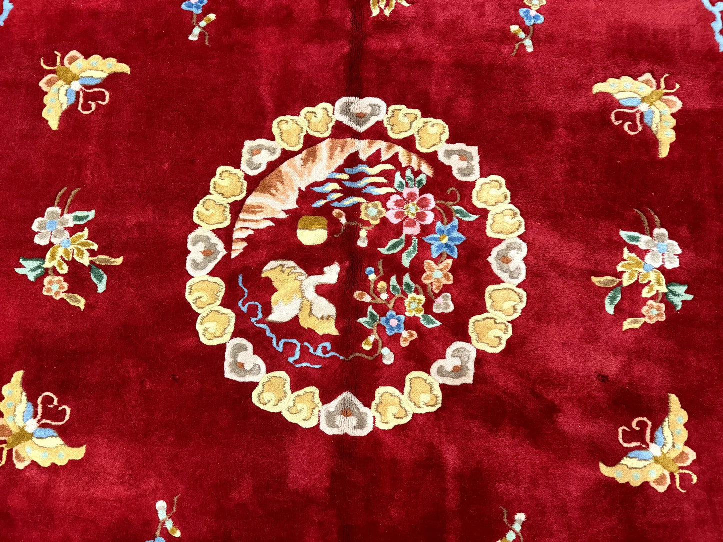 Indo Chinese Wool Rug 9x12, Red Art Deco Carpet, Vintage