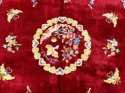 Indo Chinese Wool Rug 9x12, Red Art Deco Carpet, Vintage