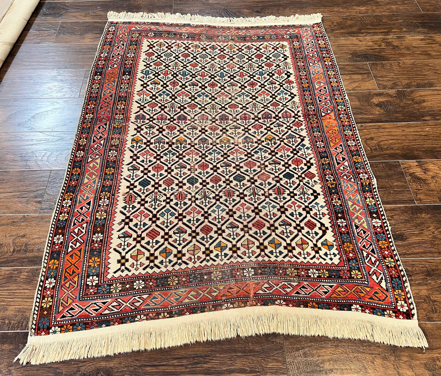 Antique Caucasian Shirvan Rug 4x5 Hand Knotted Wool Oriental Carpet Ivory Red Allover Pattern