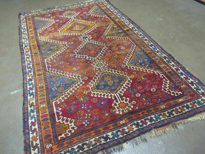 Turkish Wool Rug Antique Handmade Tribal Design 4x7 Feet Vegetable Dyed 1950s