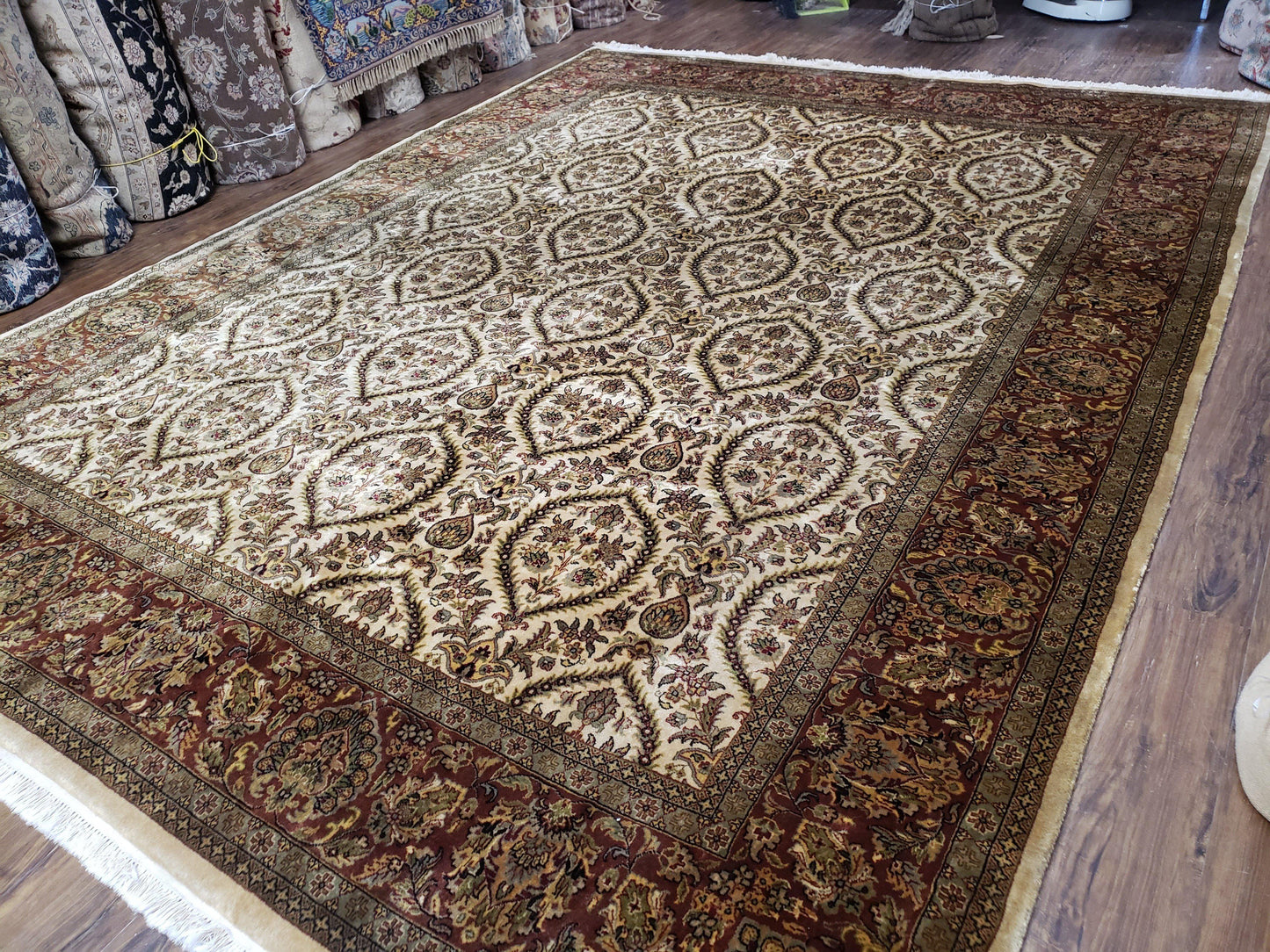 Vintage Indo Persian Area Rug 9x12, Wool Hand-Knotted Ivory & Dark Red Oriental Carpet, Fine Weave 9 x 12 Indian Rug, Dining Room Rug