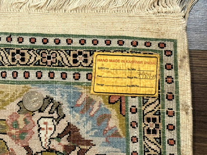 Indian Kashmiri Silk Rug 4x7, Tree of Life Design, Very Fine 380 KPSI, Birds