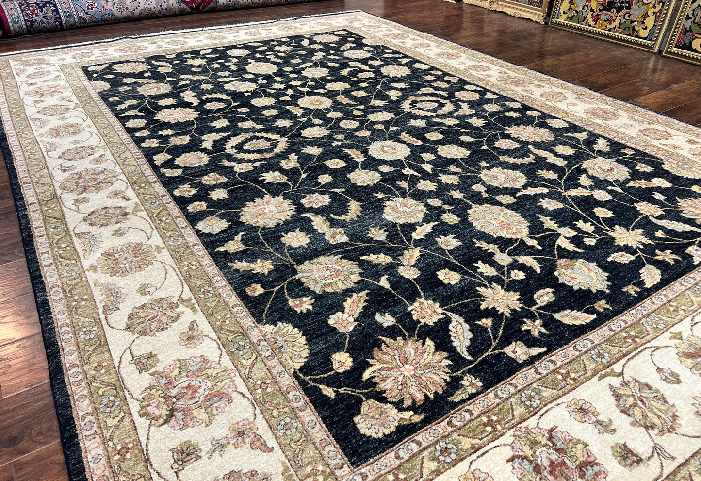 Indo Persian Rug 10x14, Charcoal and Beige, Floral Allover, Handmade Vintage Wool Carpet