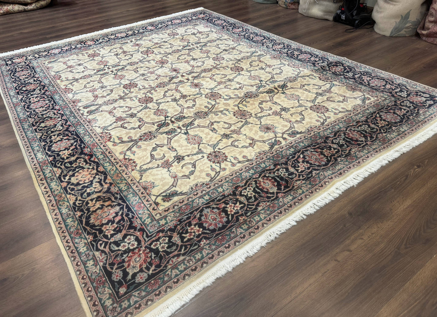 Sino Persian Rug 8x10, Allover Pattern, Beige and Midnight Blue, Wool Oriental Carpet