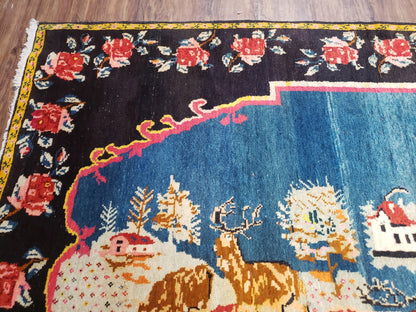 Antique Persian Pictorial Rug 4'6" x 9', Wool Hand-Knotted Blue Roses Karabagh Caucasian Carpet, 1920s Girl Deer Tapestry Wall Hanging Rug