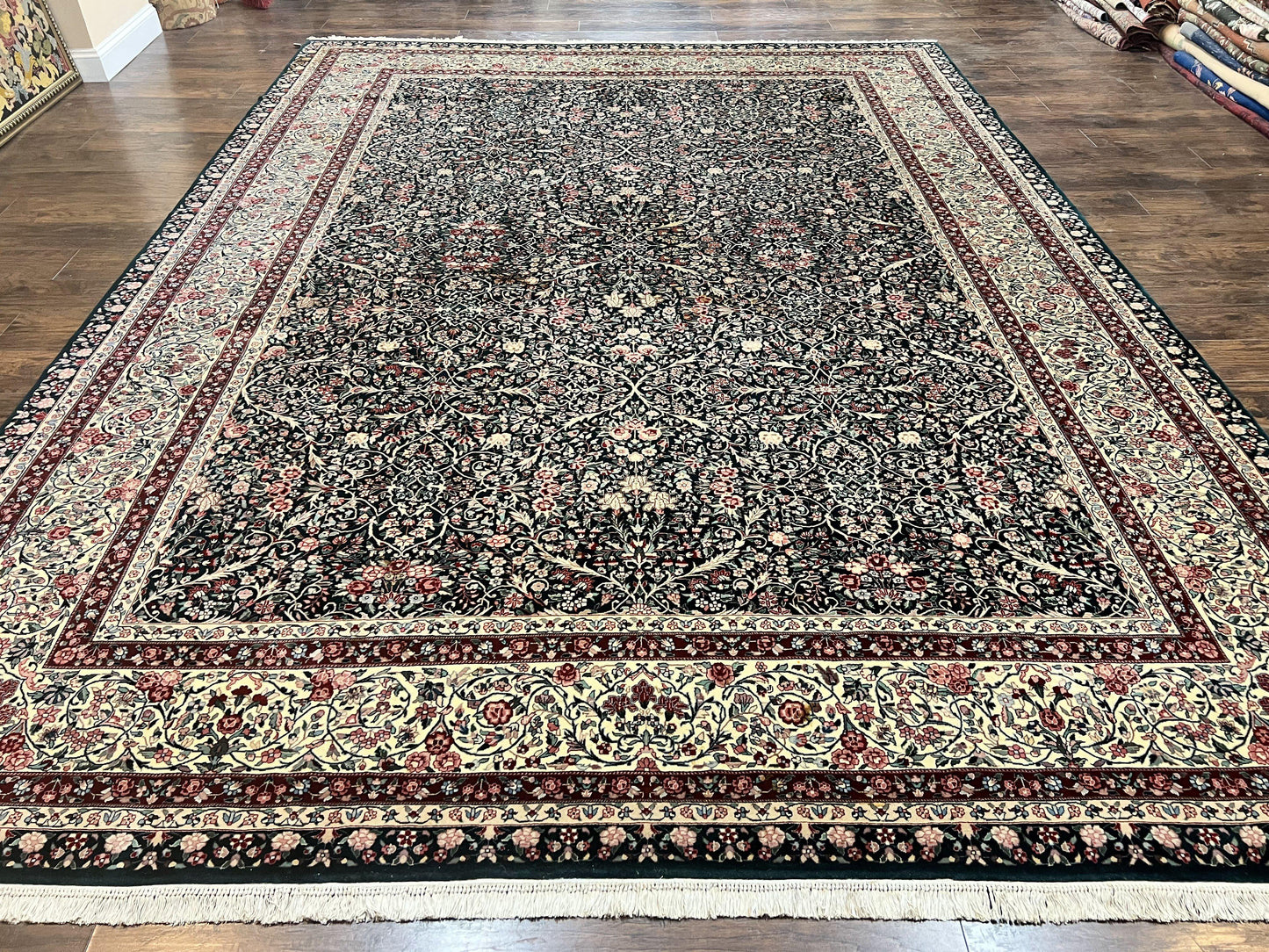 Premium Sino Persian Rug 10x14 Wool Hand Knotted Kirman Floral Dark Green Beige