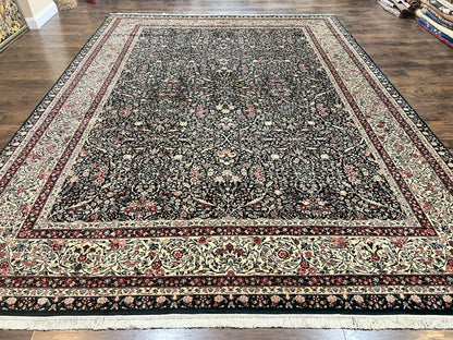 Premium Sino Persian Rug 10x14 Wool Hand Knotted Kirman Floral Dark Green Beige