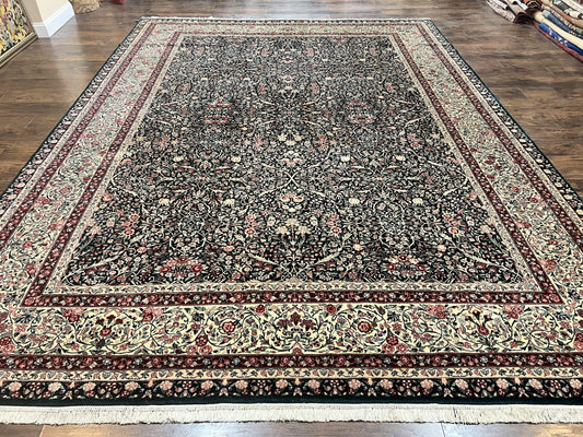 Premium Sino Persian Rug 10x14 Wool Hand Knotted Kirman Floral Dark Green Beige