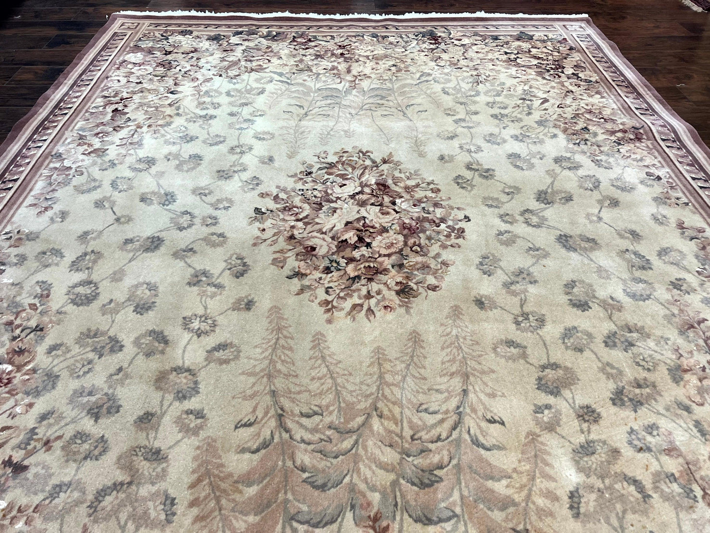 Aubusson Wool Rug 9x11 With Silk Highlights European Vintage Handmade Floral Design