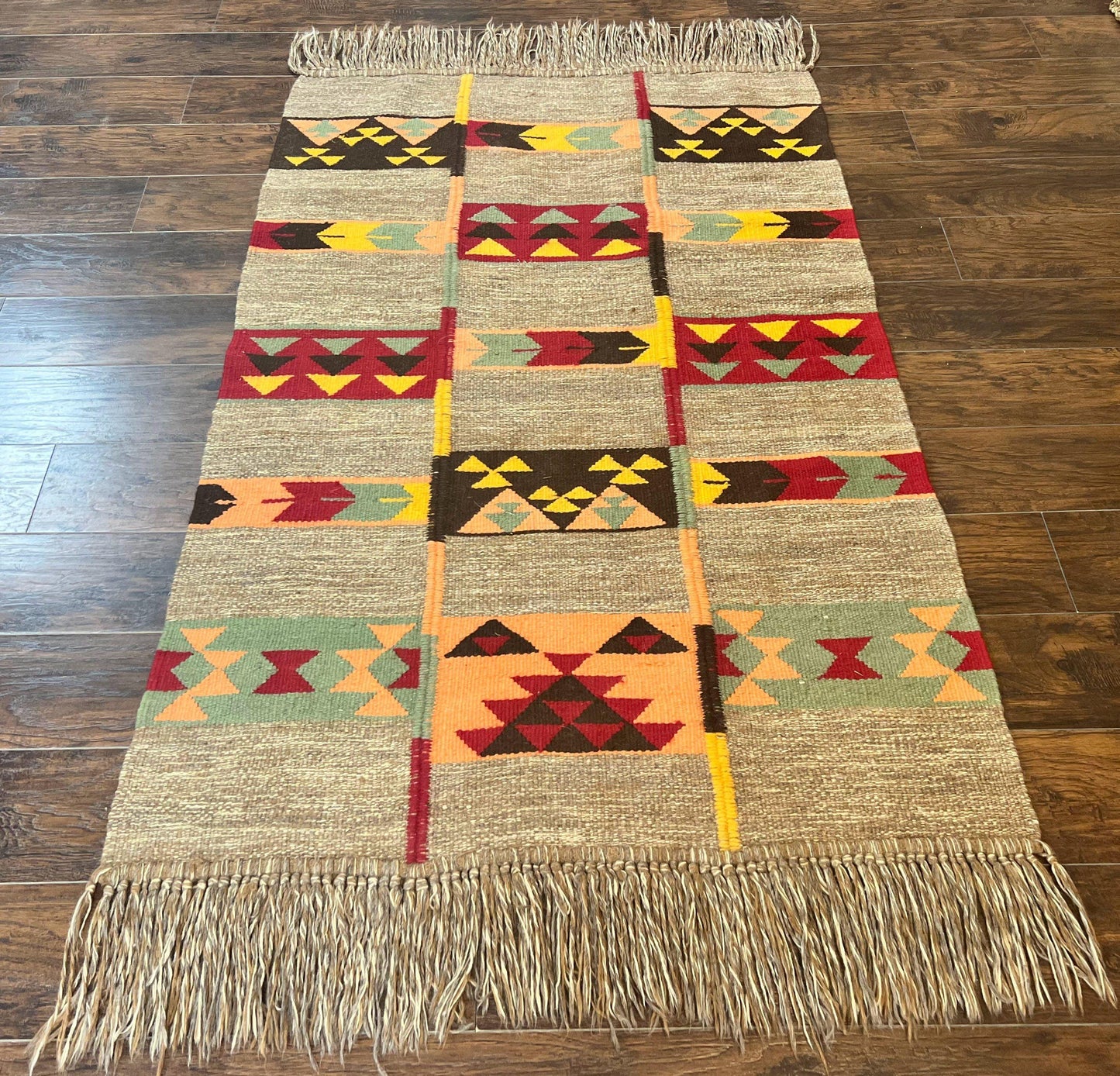 South American Flatweave Rug, Gray, Handmade Vintage Wool Bohemian Blanket