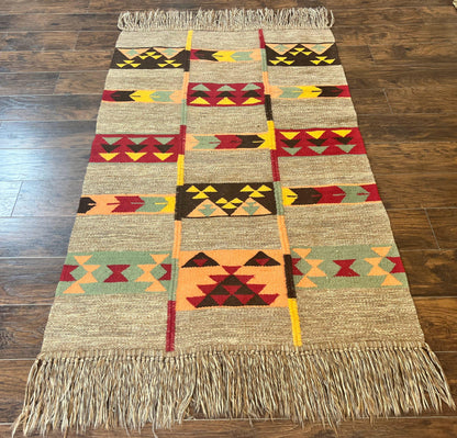 South American Flatweave Rug, Gray, Handmade Vintage Wool Bohemian Blanket