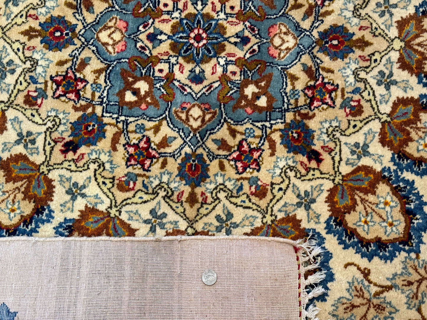Persian Kashan Rug Hand Knotted Wool 9 X 12.6 Ivory And Blue Floral Medallion Semi Antique Carpet
