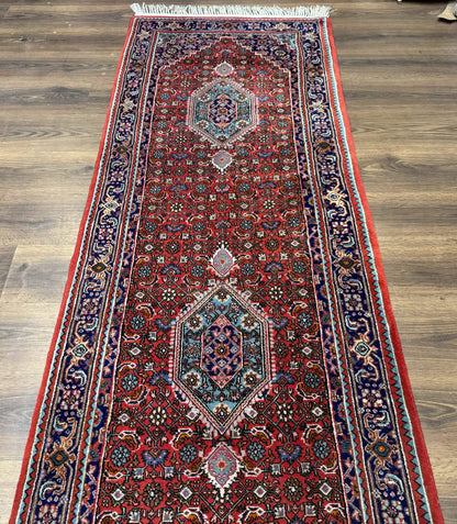 Indo Persian Bidjar Runner Rug 3 x 18.6, Red Navy Blue, Long Runner, Wool Oriental Carpet