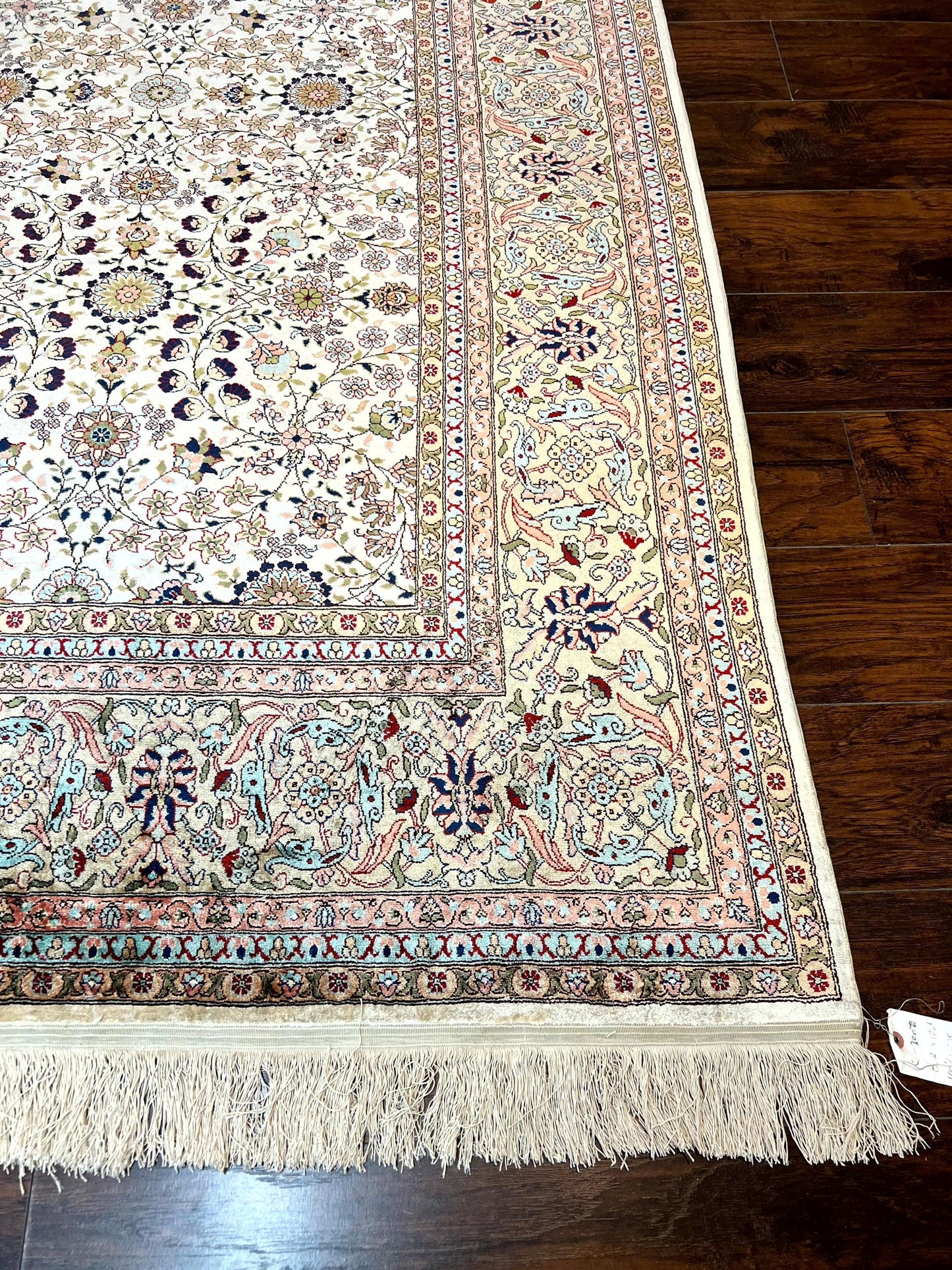 Hereke Silk Rug Vintage 8x12 Handmade Ivory Cream Floral Pattern Pile