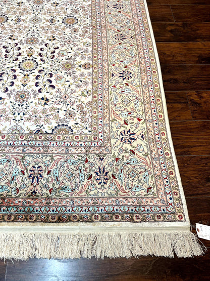 Hereke Silk Rug Vintage 8x12 Handmade Ivory Cream Floral Pattern Pile