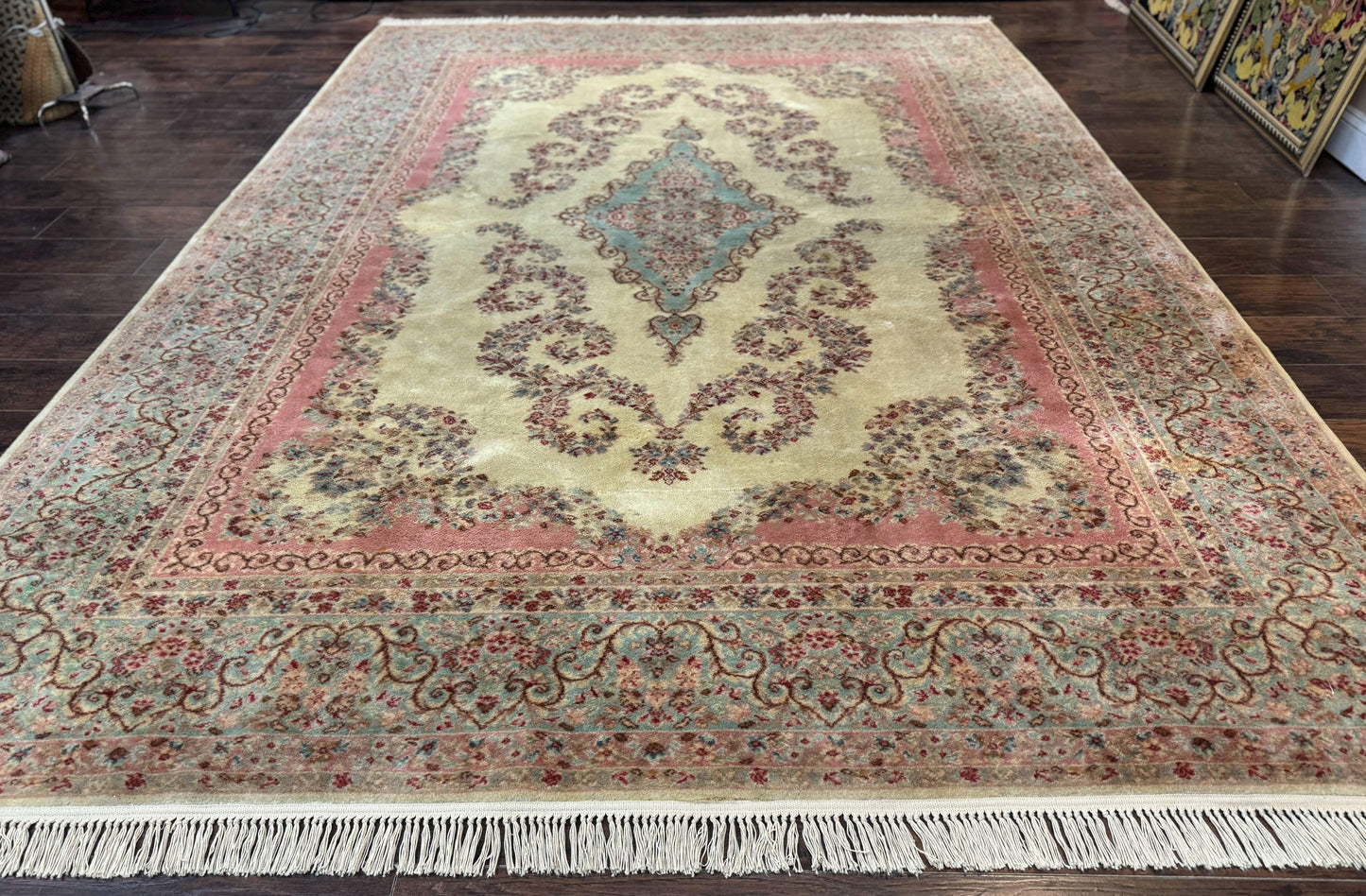 Karastan Kirman Rug Wool 8 By 12 Pastel Ivory Vintage Carpet Discontinued