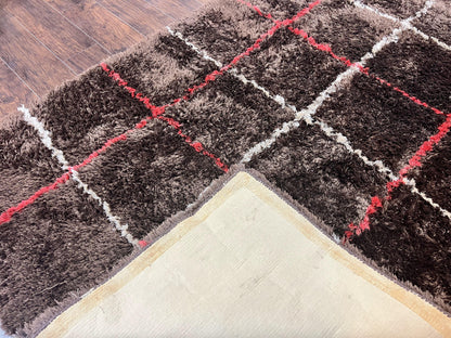 Brown Shag Rug 6x8 Vintage Wool Panel Design Area Rug For Living Rooms