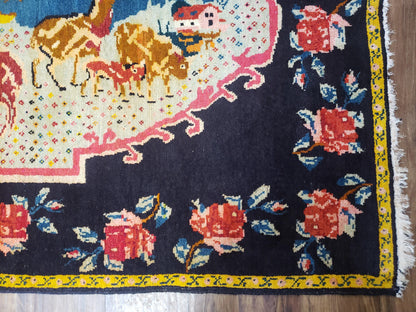 Antique Persian Pictorial Rug 4'6" x 9', Wool Hand-Knotted Blue Roses Karabagh Caucasian Carpet, 1920s Girl Deer Tapestry Wall Hanging Rug