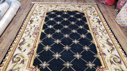 Aubusson Rug Hand Knotted Wool Nepalese 6x9 Black Cream Savonnerie Pattern