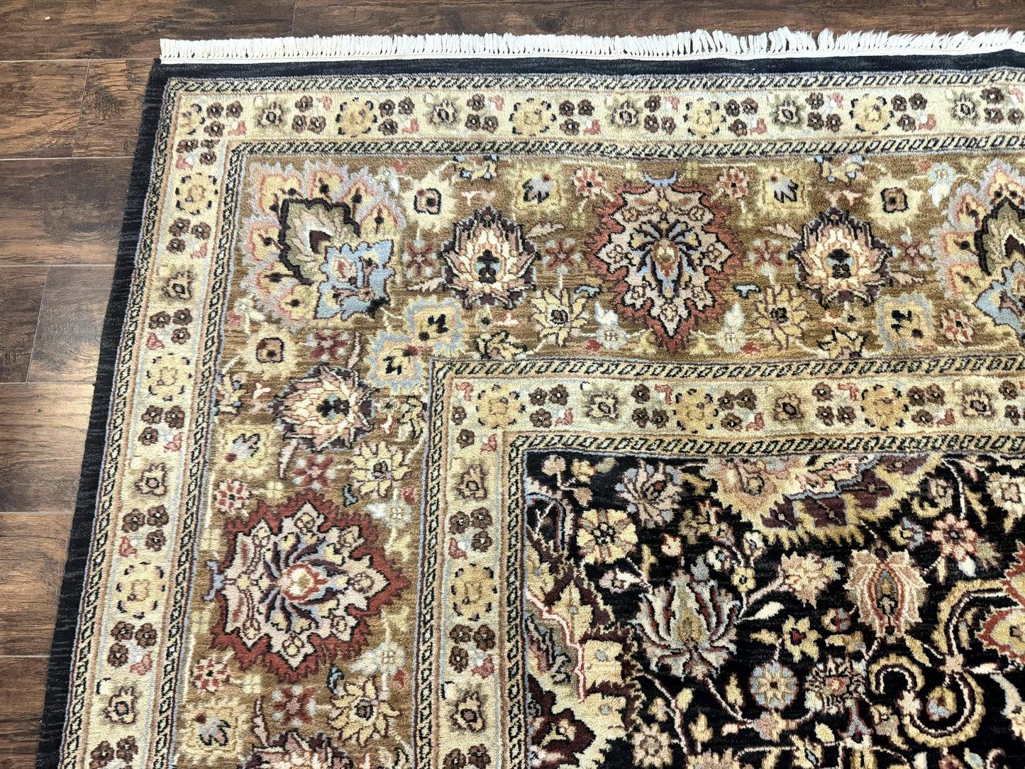 Indo Persian Rug 9x12, Floral Allover, Midnight Blue, Handmade Vintage Wool Oriental Carpet