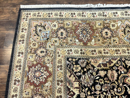 Indo Persian Rug 9x12, Floral Allover, Midnight Blue, Handmade Vintage Wool Oriental Carpet