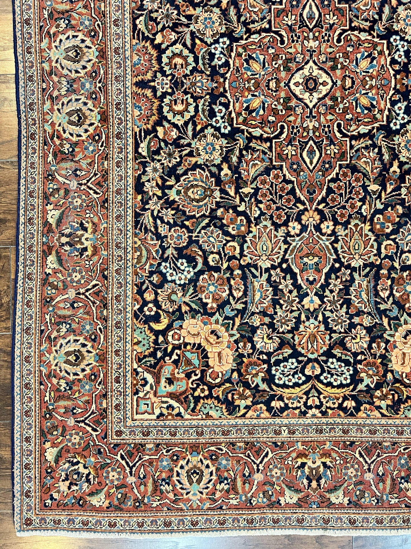 Persian Kashan Rug 4x7, Floral Medallion Vintage Handmade Hand Knotted Navy Blue & Red Wool Oriental Carpet, Highly Detailed Semi Antique Rug